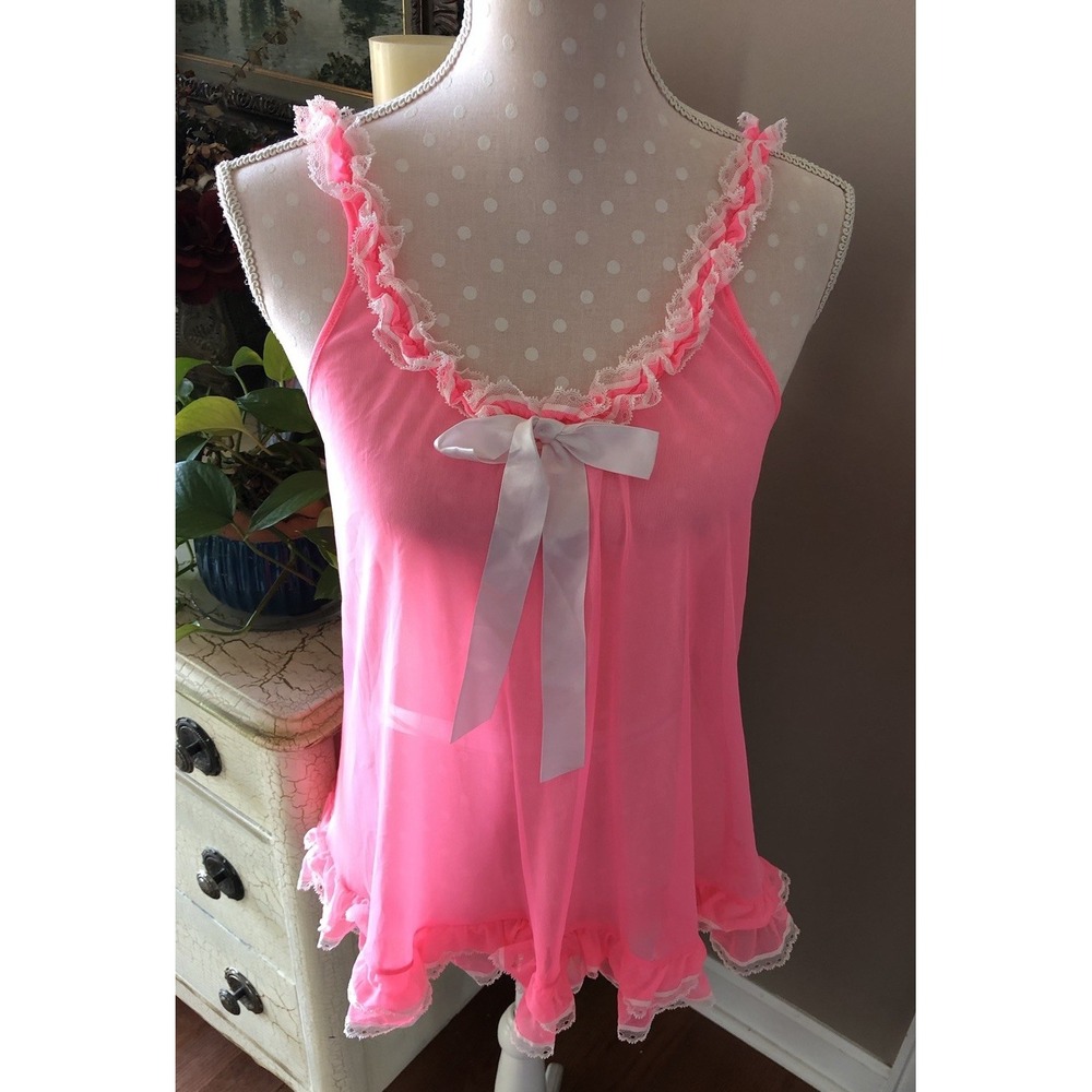 Victoria's Secret Babydoll Nightie Sheer Hot Pink Ruffled Lace Lingerie Small